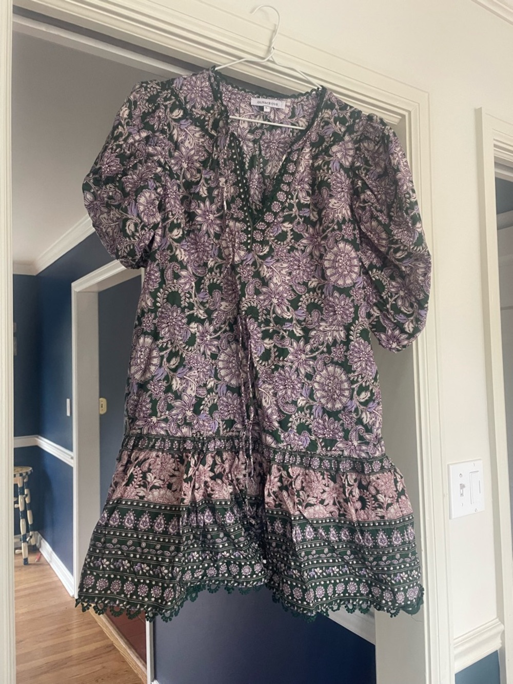 Olivaceous Floral Green and Lavender Boho Women's Dress L bohemian summer beach